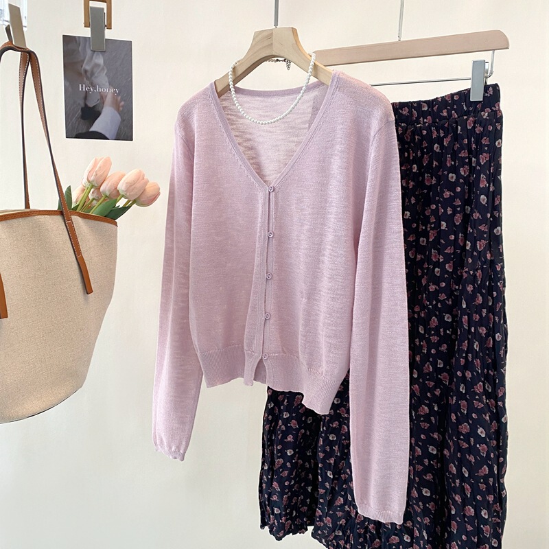 25 Summer New Korean Slub Knitted Sweater Cardigan V-neck Long Sleeve Air Conditioning Sunscreen Women's 6621