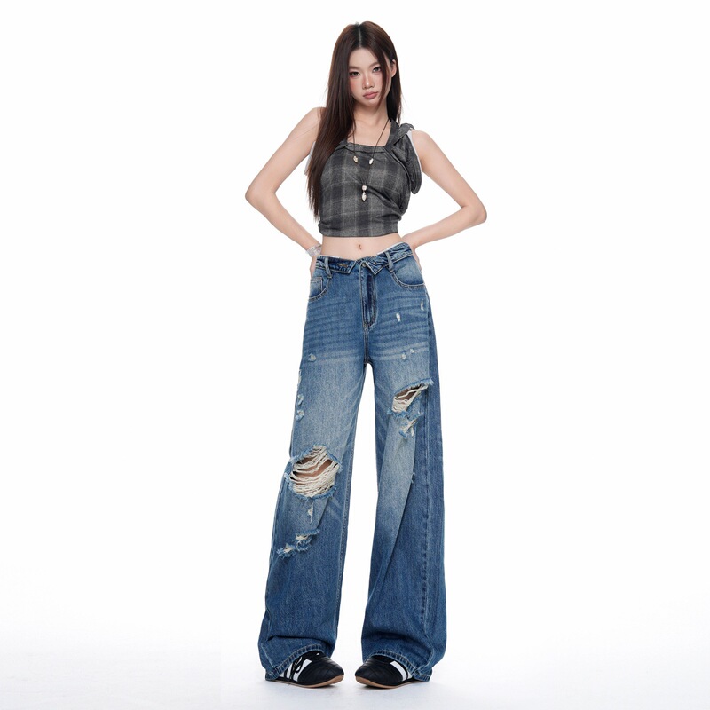 Juvenile Orange # Folded Waist Irregular Ripped Wide-Leg Jeans for Women, Loose Fit, Slimming, Niche Trend, Versatile, Floor-Length Pants Juvenile Orange # Folded Waist Irregular Ripped Wide-Leg Jeans for Women, Loose Fit, Slimming, Niche Trend, Versatile, Floor-Length Pants