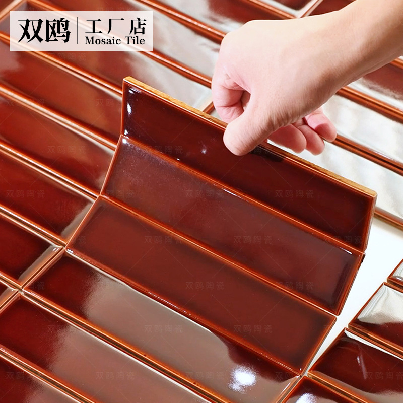 Double Gull Crystal Coral Red Wine Long Strip Mosaic High Luxury Hotel Bathroom Commercial Space Wine Red Glass Glaze Tile