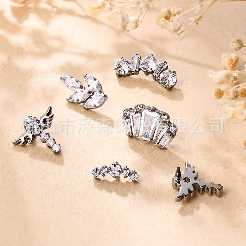 F136 Titanium Alloy Ear Studs, Finely Carved Zircon Ear Bone Studs, G23 Titanium Lip Studs, Body Piercing Jewelry detail image 7