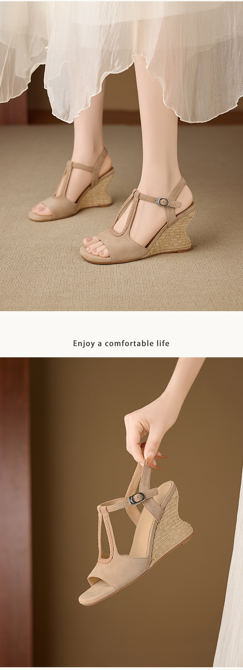 Sandal cao gót nữ hở mũi đế xuồng đan rơm, quai chữ T da lộn — Hồng, màu mơ chi tiết 6