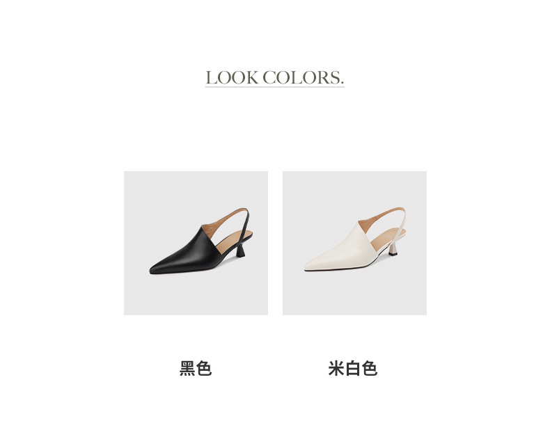 Giày sandal cao gót nữ mũi nhọn kiểu Pháp, da bò thật, gót mèo, hở mũi hở lưng — đen chi tiết 5