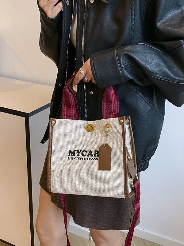 Gran capacidad de viaje al trabajo bolso de mano para mujeres 2024 nuevo lino retro color contraste mochila de hombro