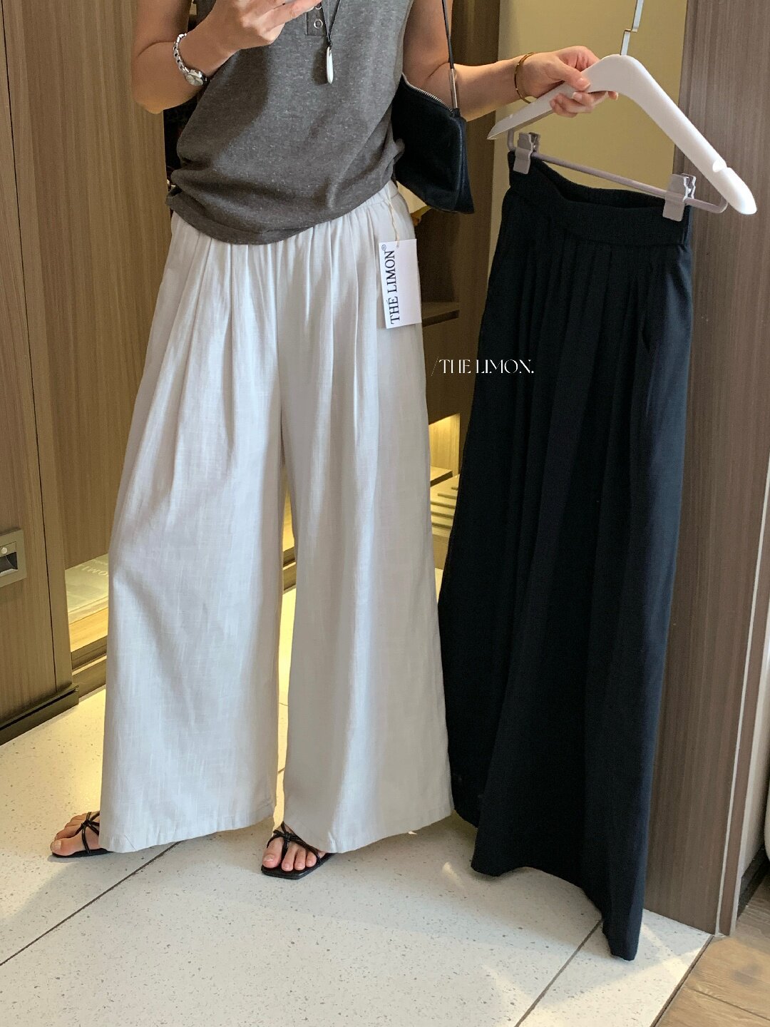 Quần ống rộng nữ vải linen phối cotton dáng suông mùa hè — Xám gạo, Xanh xám nhạt, Xanh đen, Cam bí ngô chi tiết 45