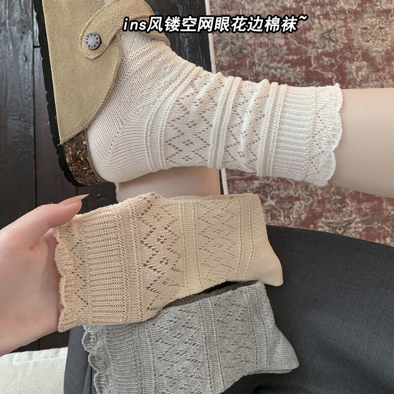 Women's Socks for Spring and Summer, Ins-Style Hollow Mesh Lace Mid-Calf Socks, Combed Cotton, Preppy Style, Seamless Slouch Socks Women's Socks for Spring and Summer, Ins-Style Hollow Mesh Lace Mid-Calf Socks, Combed Cotton, Preppy Style, Seamless Slouch Socks