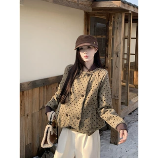 实价复古卡其波点棒球服女2025秋冬新款气质廓形慵懒感小香风外套