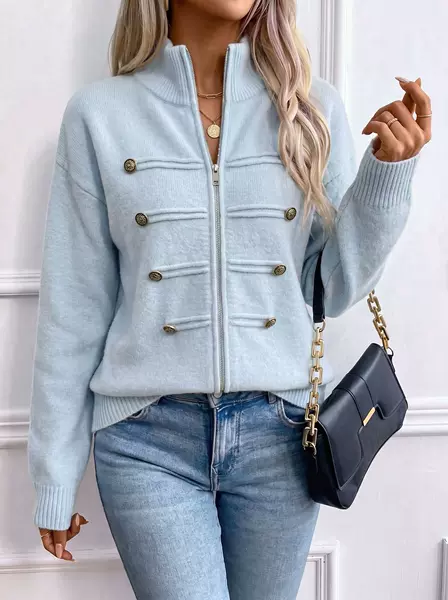 Amazon cross-border design knitted cardigan for women, new autumn and winter European and American style stand-up collar double zipper sweater jacket
