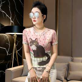 卡通猫咪印花面膜T恤女欧洲站2026夏新款欧货女装时尚网纱短袖潮