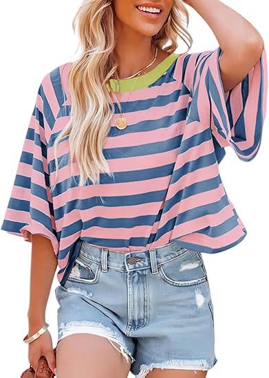 Verano nuevo 2025 transfronterizo Europa y América Amazon rayas de manga corta camiseta de cuello redondo casual suelta camiseta de mujer