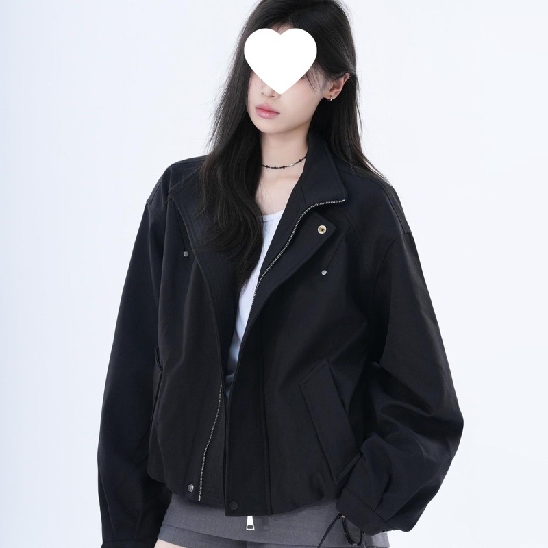 立领美式复古潮牌工装夹克上衣女秋冬季宽松设计感小众廊形外套女|undefined