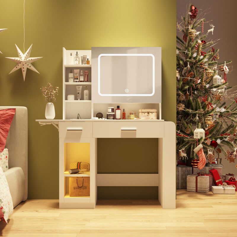Dressing Table of Modern Mirror Lights Charging Pile Drawer Shelf Large Storage Cabinet Dresser for Home and Bedroom Dressing Table of Modern Mirror Lights Charging Pile Drawer Shelf Large Storage Cabinet Dresser for Home and Bedroom