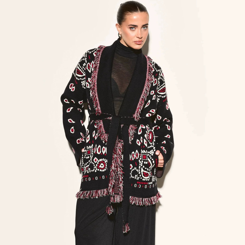 Australian Foreign Trade Cross-Border Wool Blend Autumn and Winter Sweater Cardigan Retro Paisley Jacquard Tassel Coat Trendy
