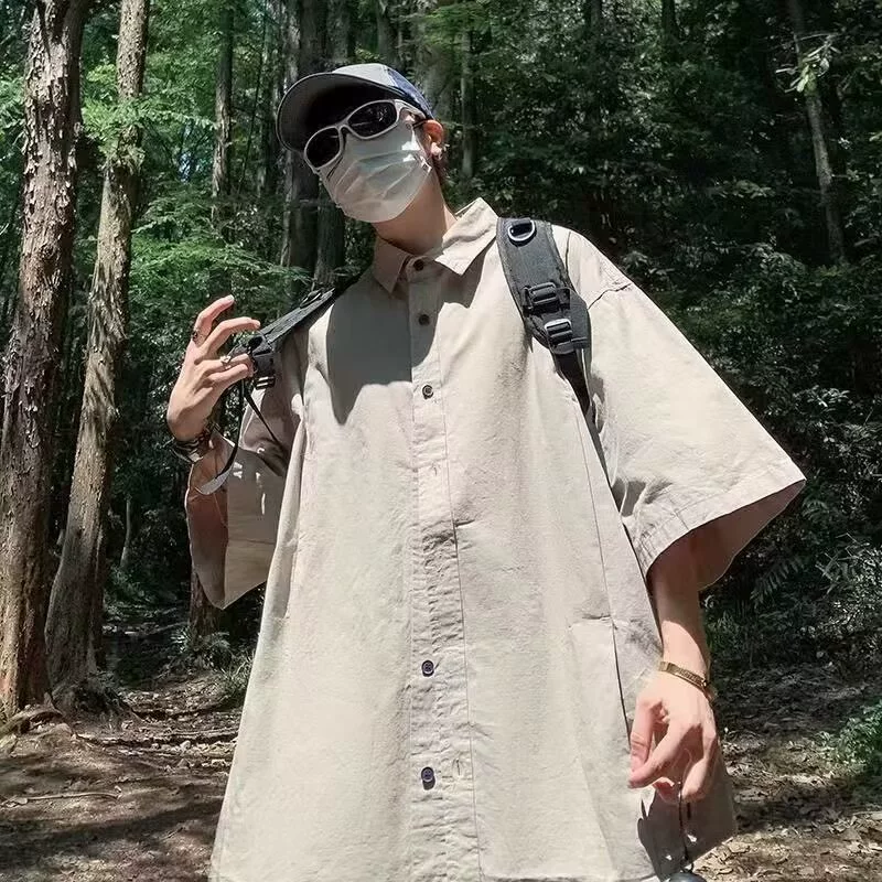 Летняя японская ретро-рубашка с коротким рукавом 2025 года, универсальная свободная рубашка в стиле ленивого унисекс, модная рубашка больших размеров