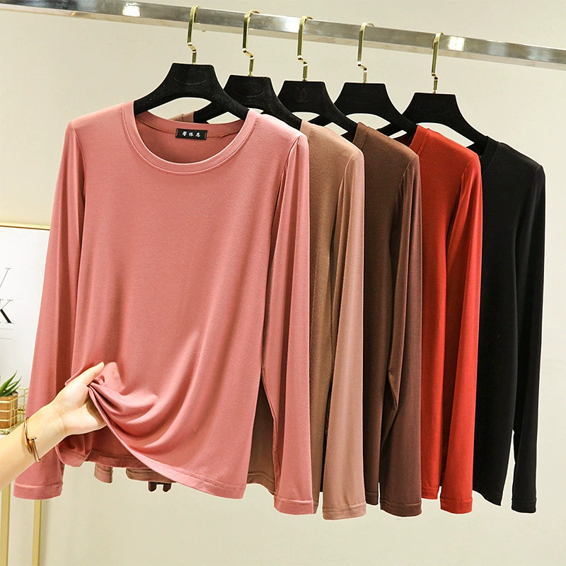 Модальная Базовая футболка с длинными рукавами, Женская Весенняя новинка, однотонный Приталенный топ с круглым вырезом для дома и внутренней одежды