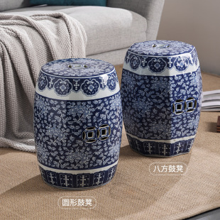 Hand-Painted Blue and White Porcelain Shoe-Changing Stool, Ceramic Drum Stool, Dressing Stool, Neoclassical Antique Drum Pier, Low Stool, Round Stool