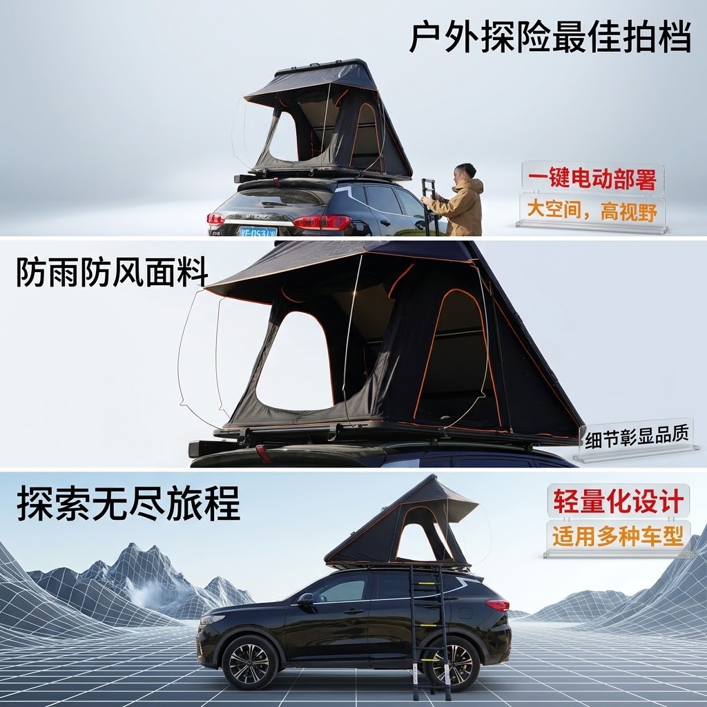 Roof top tent, triangular, fully automatic, aluminum alloy hard top, SUV outdoor, rainproof, windproof, self-driving camping car tent