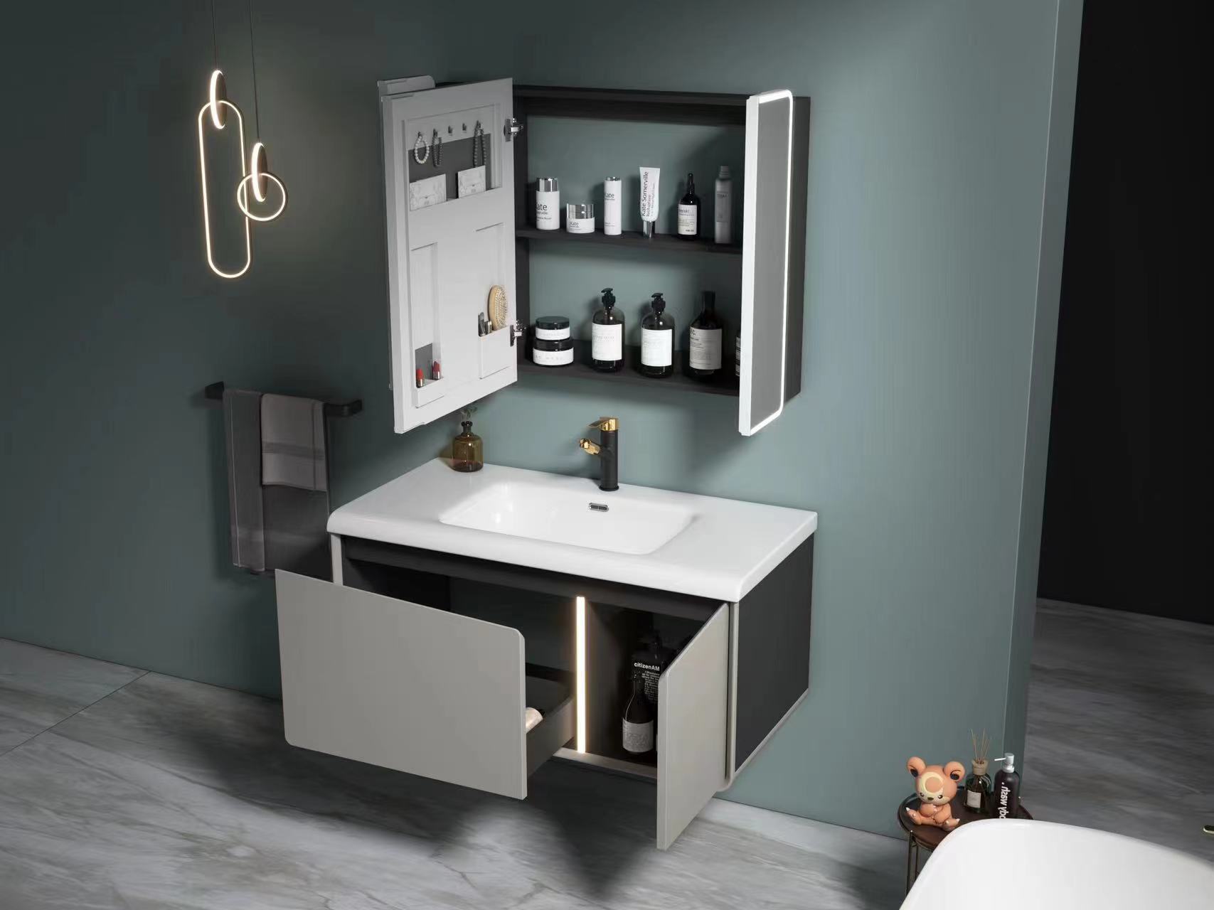 Cielo estrellado gris moderno simple cosmético espejo gabinete de baño directo de fábrica Baño de cerámica integrado lavabo