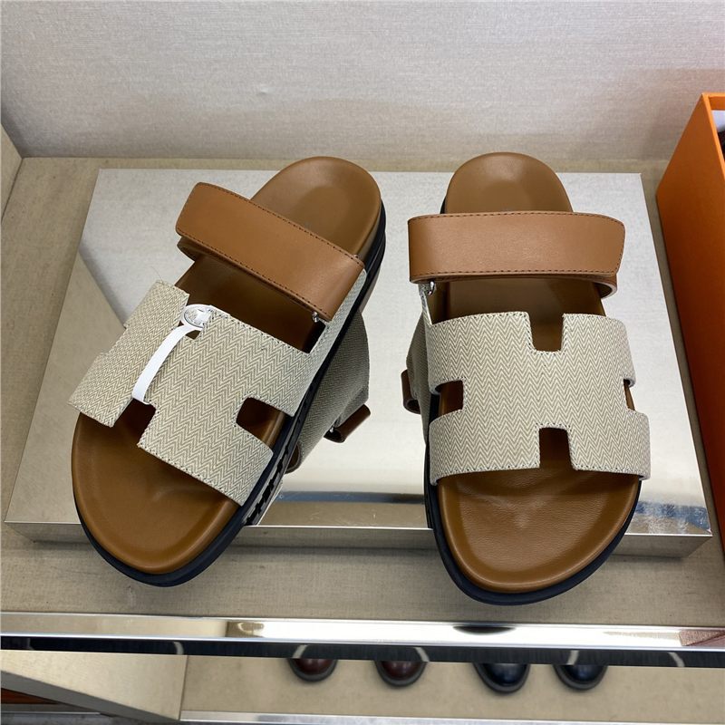 High-End New Genuine Leather Men's Thick-Soled Casual Sandals H Letter Slippers Cowhide Padded Beach Slippers