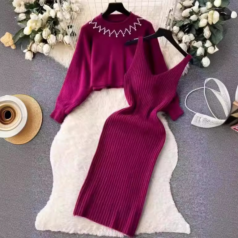Women's Clothing temperament celebrity beaded high waist two piece sweater dress 2024 autumn and winter new knitted sweater suspender dress_voghion.com