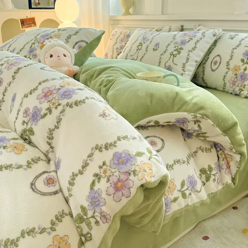 加厚保暖牛奶绒四件套被套床单珊瑚绒被罩双面法兰绒加绒冬季床上