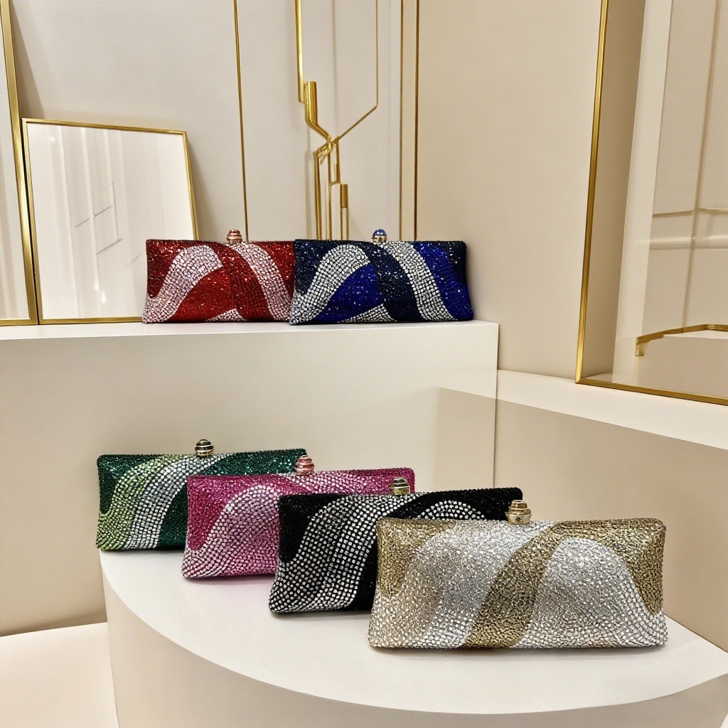 Cross-border nuevo bolso de cena de damas brillante con diamantes llenos bolso de mano cuadrado de estilo horizontal de banquete de lujo ligero bolso de cena de alta calidad