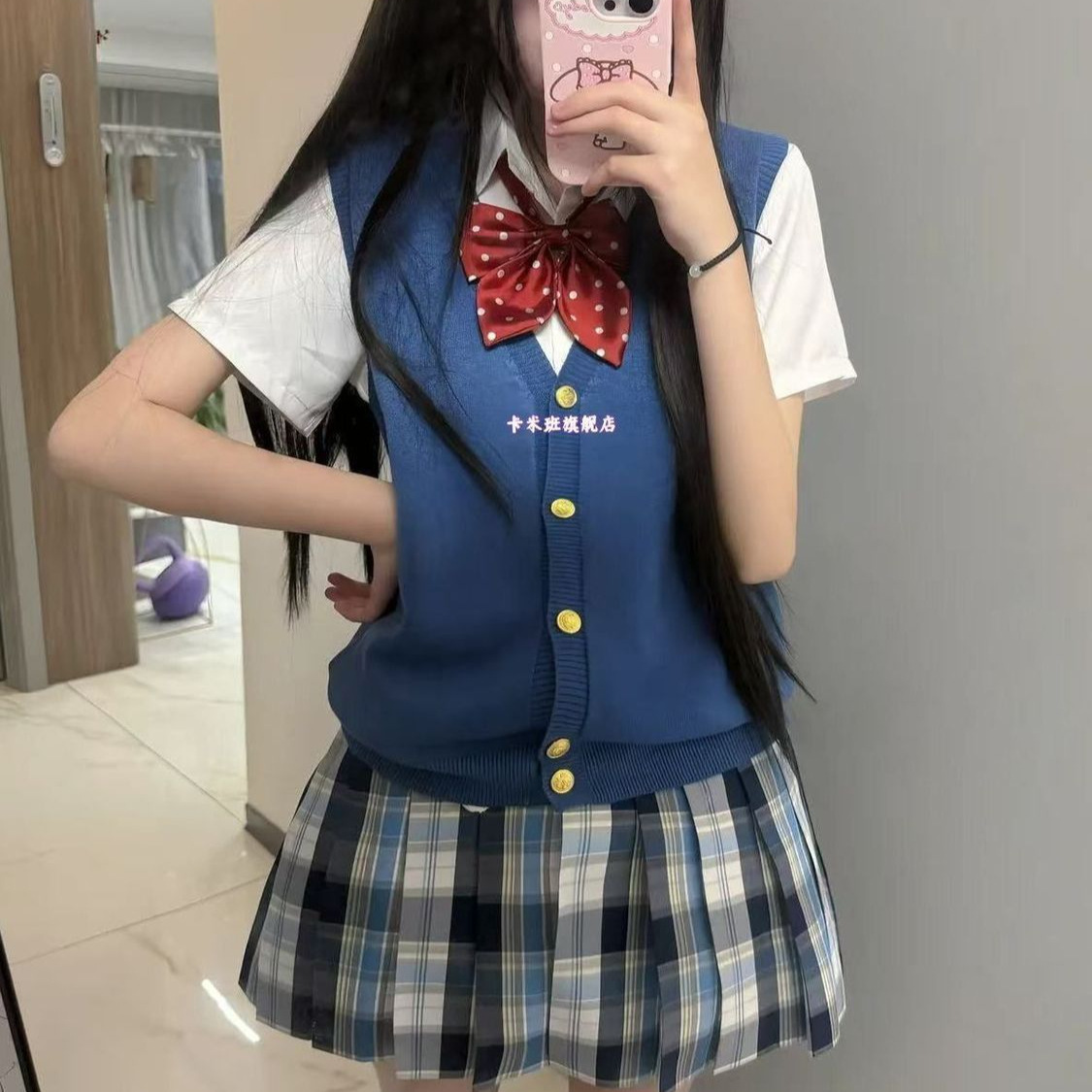 原创日系jk制服宝蓝针织开衫马甲叠穿短袖衬衫小个子学院上衣套装