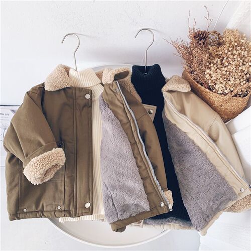 Boys' Thicker Cotton Padded Winter Warm Fleece Jacket Baby Winter Outfit Medium and Small Children's Cotton Coat Fuzzy Collar Stylish
