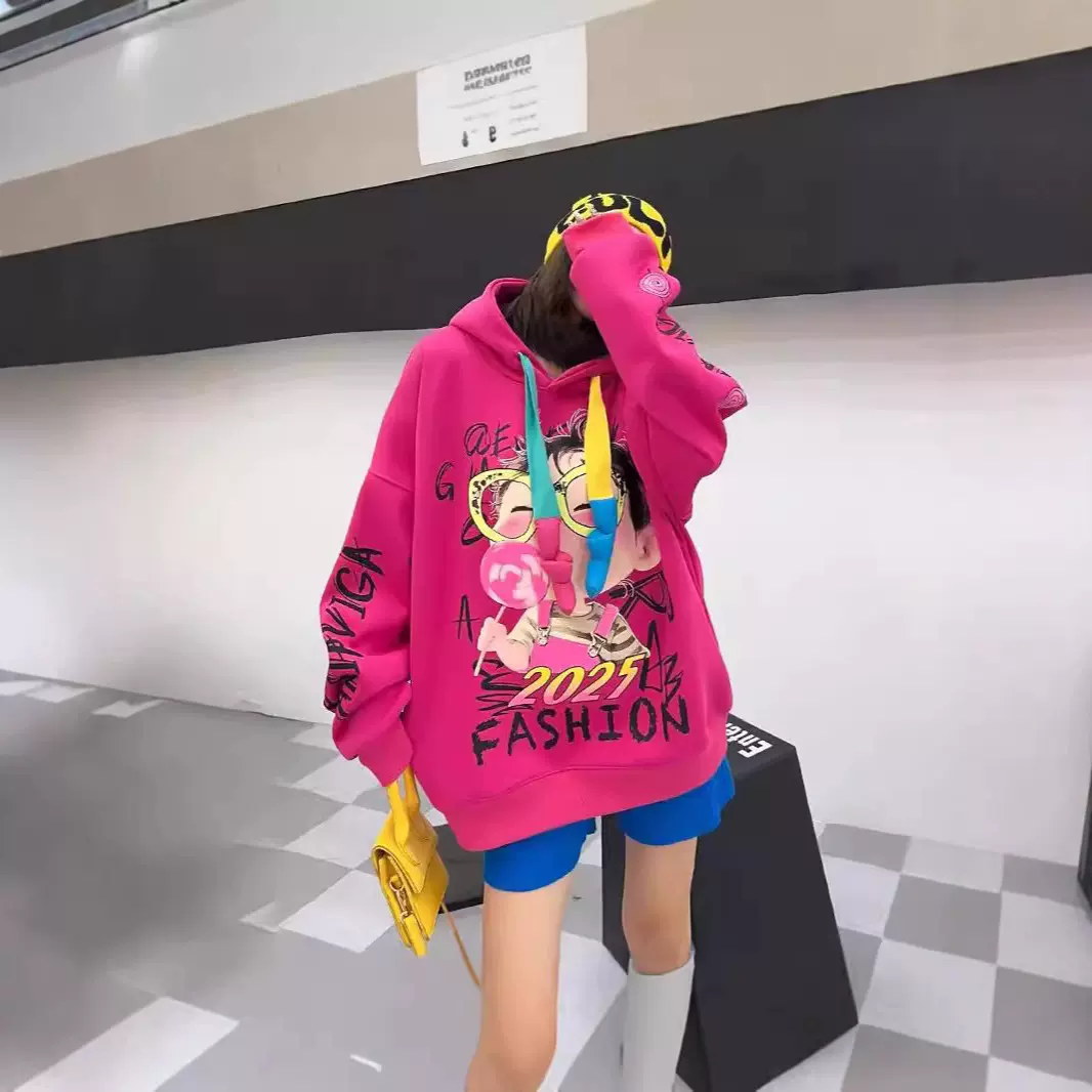 冬季欧美时尚潮流加绒加厚美式重工涂鸦大版保暖连帽卫衣女潮3133