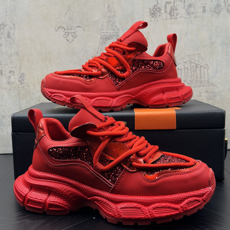 Men's 8cm Height-Increasing Thick-Soled Dad Shoes, 2026 New Autumn Platform Casual Sneakers, Red Wedding Shoes