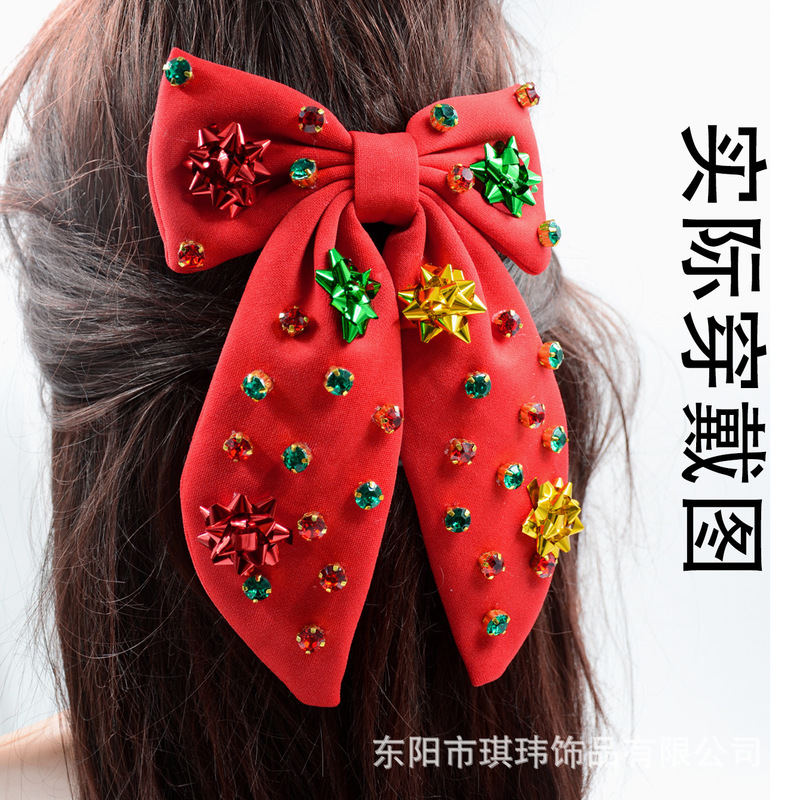 欧美高级感圣诞发夹布艺粘红绿钻搭配星星花弹簧夹节日发饰女|undefined