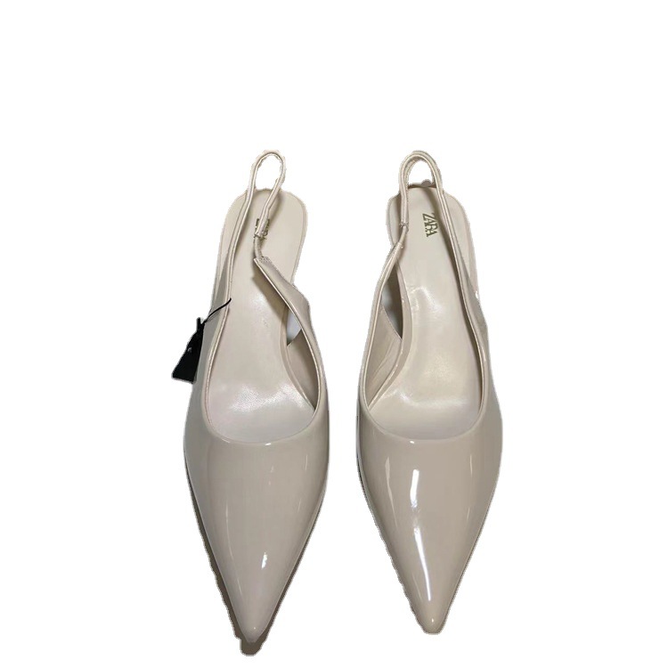 New pointed milky white light mouth high-heeled heel with exposed heel and white toe cover, with straps and slim heels for women