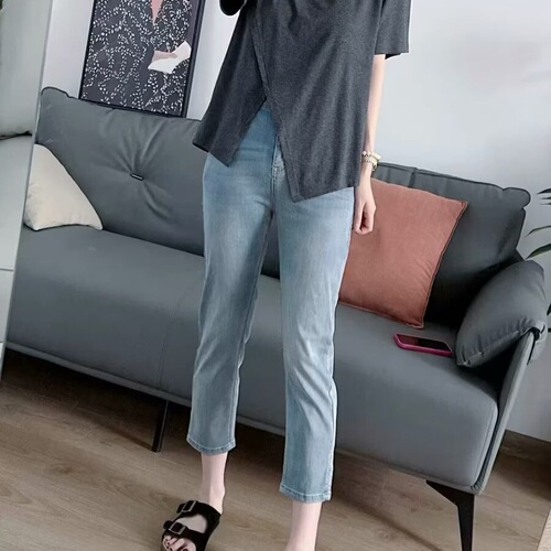 Autumn new style large size elastic split nine-cent straight jeans women's fat mm slimming high waist eight-cent cigarette tube pants