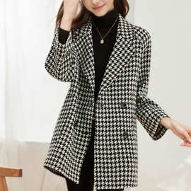 外贸跨境女装西装领千鸟格2025秋冬新款时尚高级感中长款毛呢大衣
