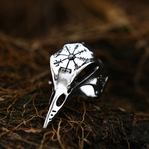  New Viking Crow Gemstone Stainless Steel Ring European and American Retro Compass Titanium Steel Men's Ring