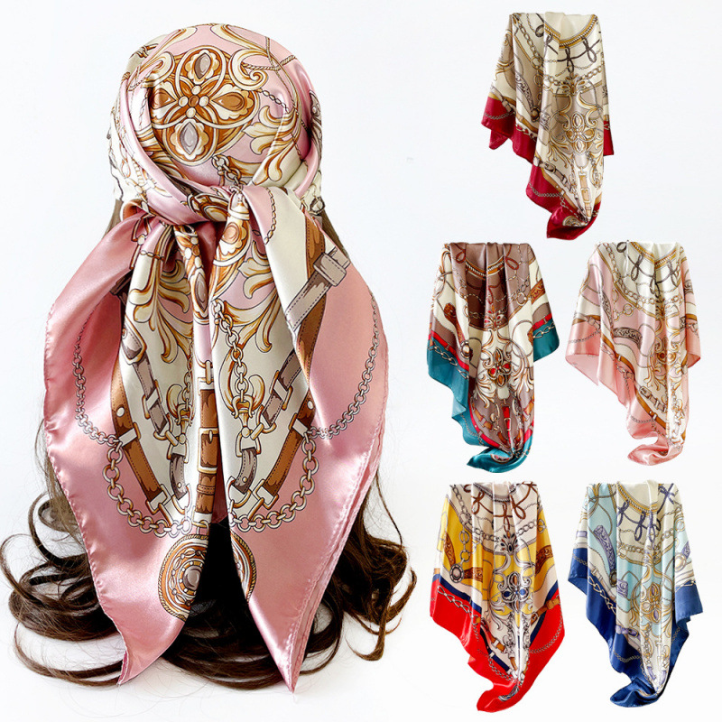 Classic Chain Printed Silk Scarf 90 Cm Large Square Shawl Satin Finish for European And American Women's Fashion Accessory_voghion.com