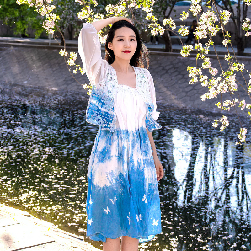 Dali Handmade Tie-Dye Pure Cotton Camisole Dress Ethnic Style Petite Dress Yunnan Travel Seaside Artistic Dress