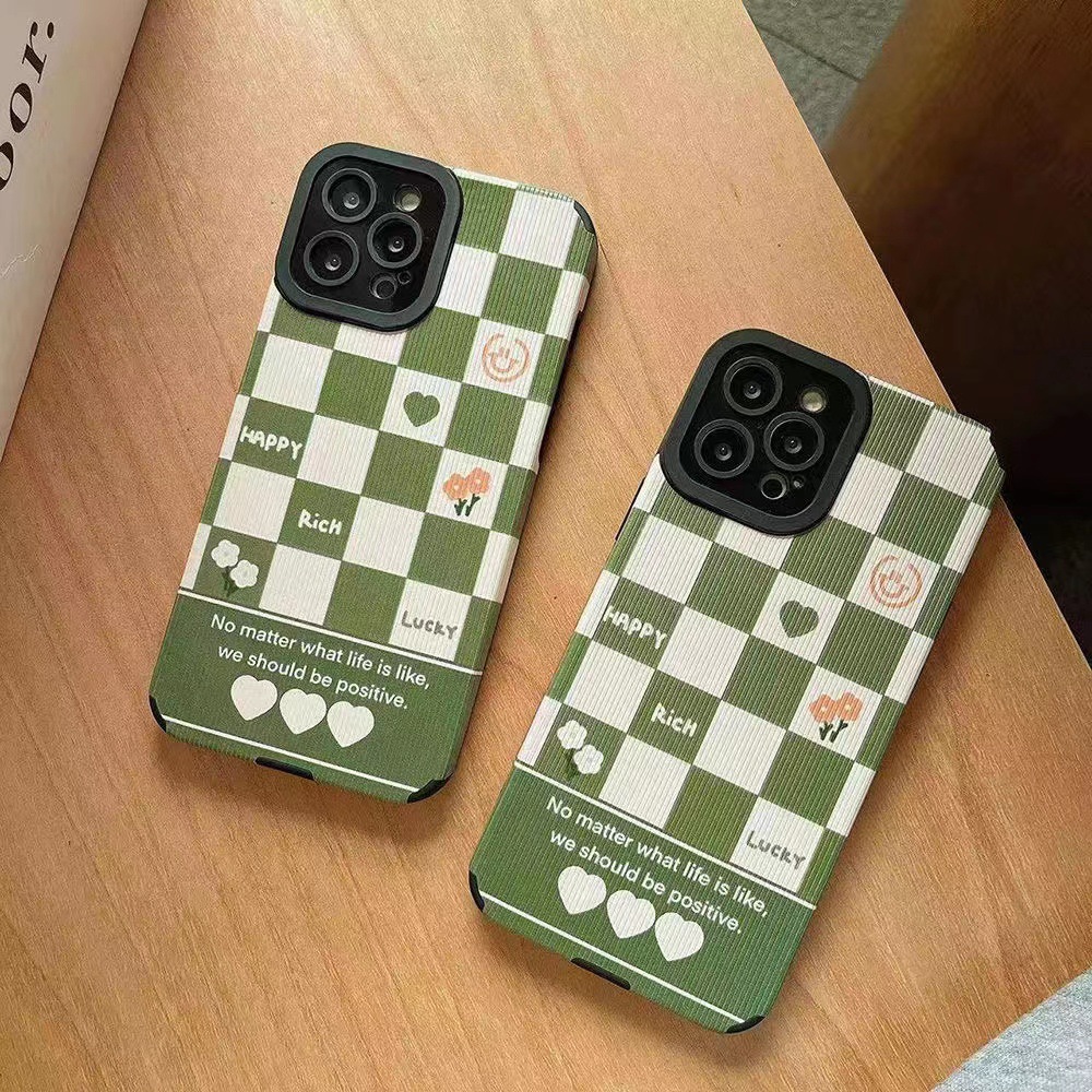 Phone Case For Iphone 13 Pro Max Apple 12 11 X Xr Green Grid Cover_voghion.com