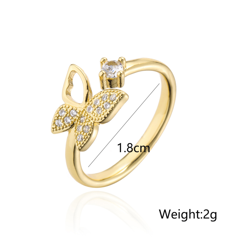 European and American fashion copper microset zircon jewelry plated 18K gold butterfly open ringpicture1
