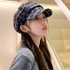 秋季新款复古格纹贝雷帽子女时尚百搭显脸小八角帽子学院风报童帽