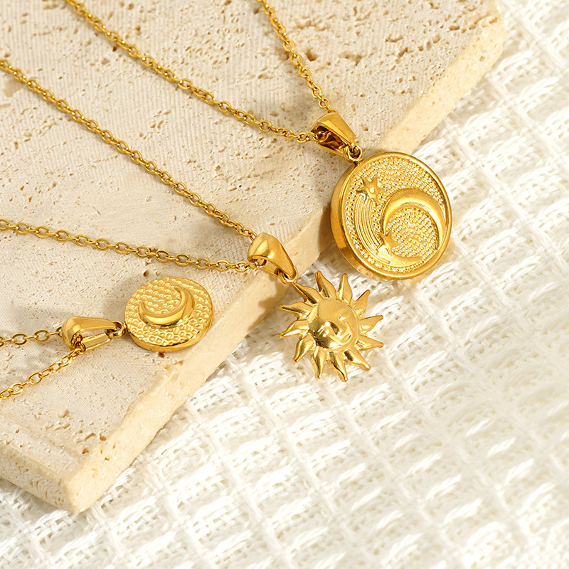 304 Stainless Steel Material Wholesale Jewelry IG Style Retro Sun Star Moon 304 Stainless Steel 18K Gold Plated Pendant Necklace Cable Chain
