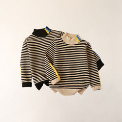 新款加絨高領兒童毛衣2024運動風條紋童裝男童秋冬百搭加厚針織衫