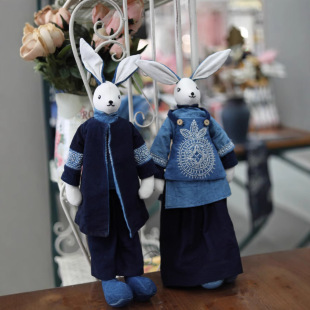 Hand-Embroidered Doll Toy Indigo Embroidery Gift Gift Pair Rabbit Doll Gift Rabbit Fresh New Style