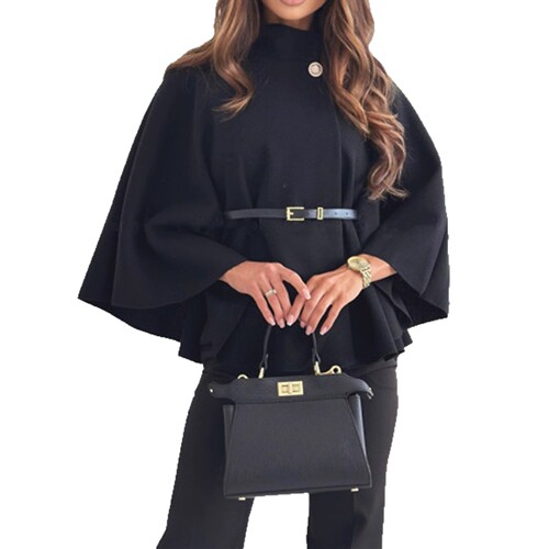 European and American clothing, winter fashion, elegant solid color waist strap woolen cape coat