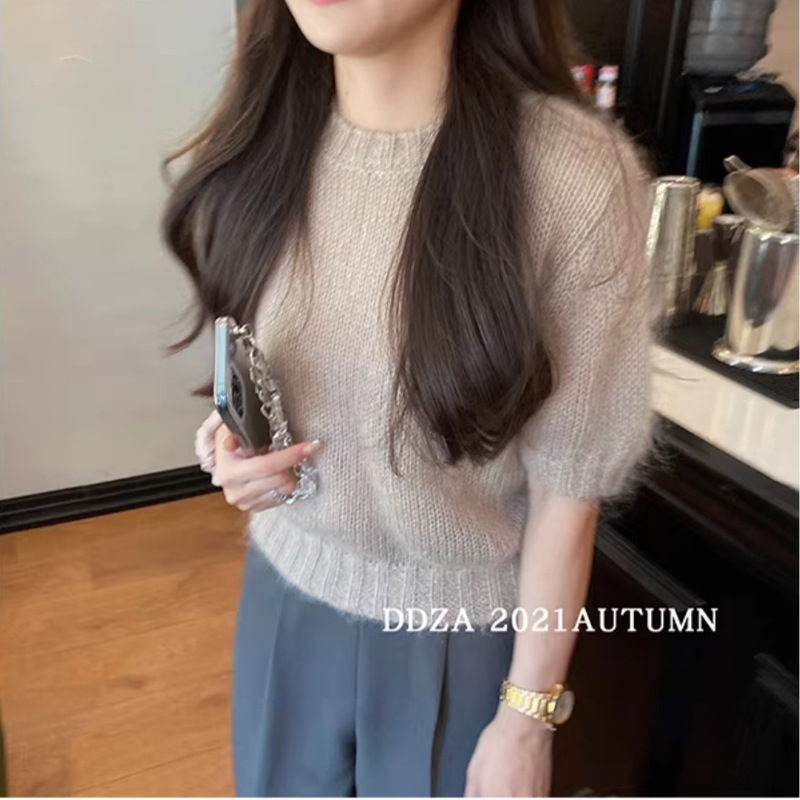 Fine-knit 100% pure wool T-shirt, 26 early autumn gray series, round neck, slim fit, lightweight women's short-sleeve pullover Fine-knit 100% pure wool T-shirt, 26 early autumn gray series, round neck, slim fit, lightweight women's short-sleeve pullover