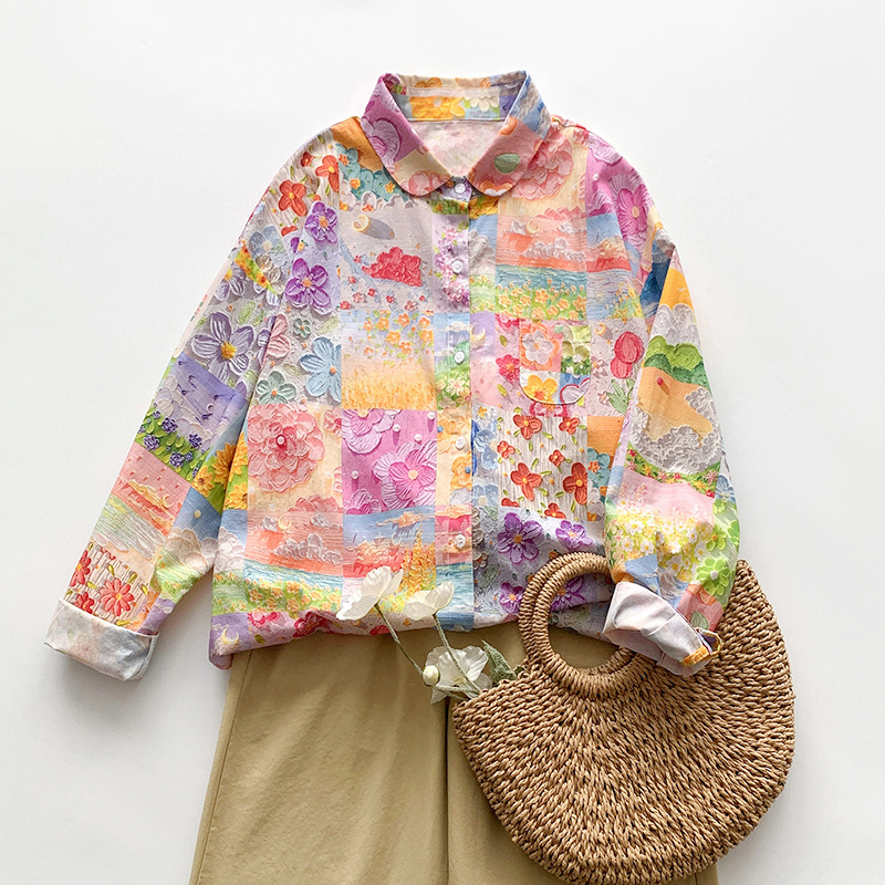 2025 Spring New Oil Painting Printed Cotton Long-sleeved Shirt Retro Loose All-match Shirt for Women