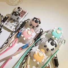 創意ins卡通硅膠綿羊背夾斜跨手機鏈公仔背帶式編織繩通用手機殼