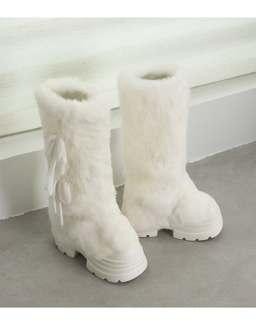 Boot nữ cổ cao lông thỏ ấm áp đế dày buộc dây — Bộ lông màu trắng sữa chi tiết 17