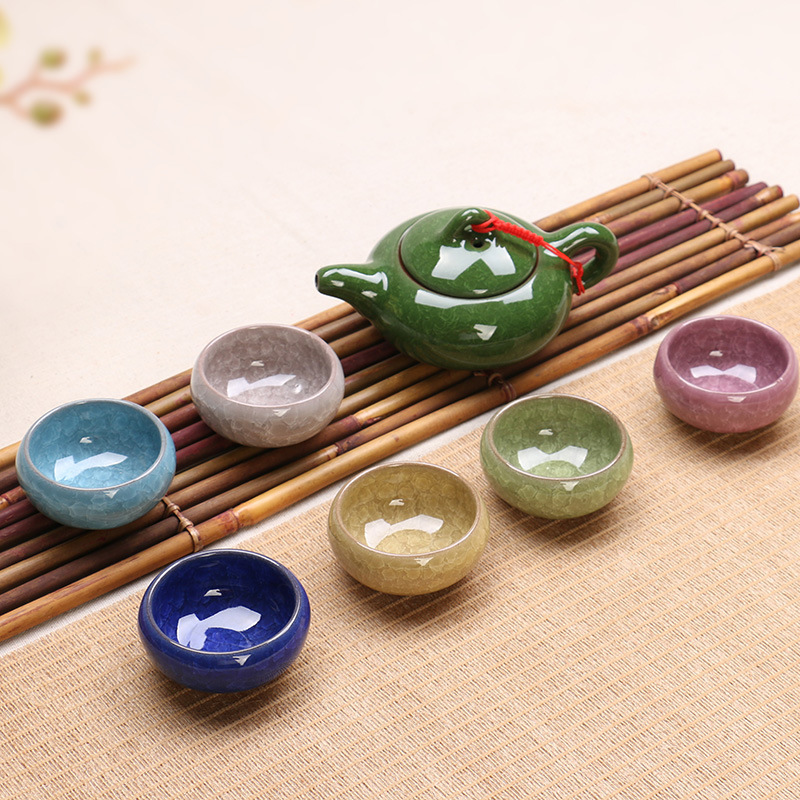 9WOR冰裂茶具套裝家用陶瓷七彩茶杯茶壺簡約功夫茶具商務辦公禮品