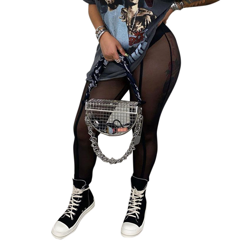 Damenbekleidung Frühling und Herbst sexy durchsichtiges Mesh hohe Taille Hüfte Hebe schlanke Sport-Freizeithose_voghion.com