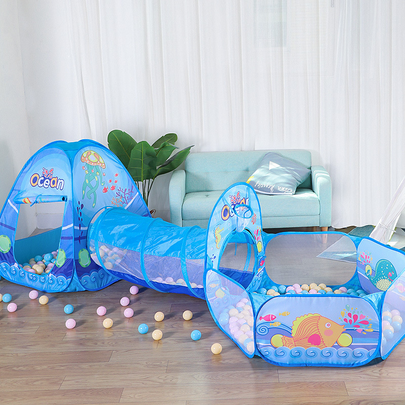 Set de tres piezas de tienda de campaña con temática oceánica, set de túnel y piscina de bolas plegable, casa de juegos para interior y exterior, valla de juegos para niños, plegable.